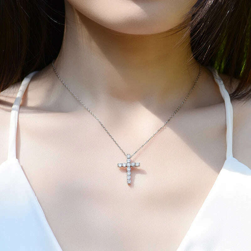 KNOBSPIN Full Moissanite Cross Pendant Necklace Original 925 Sterling Sliver Chain Plated 18k White Gold Fine Necklace for Women - KIMLUD