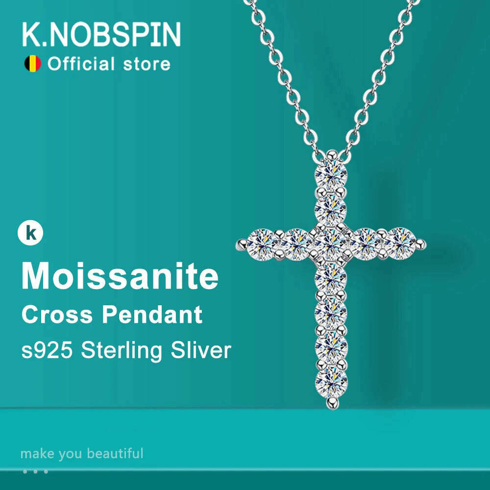 KIMLUD, KNOBSPIN Full Moissanite Cross Pendant Necklace Original 925 Sterling Sliver Chain Plated 18k White Gold Fine Necklace for Women, 2.5mm / 45cm, KIMLUD APPAREL - Womens Clothes