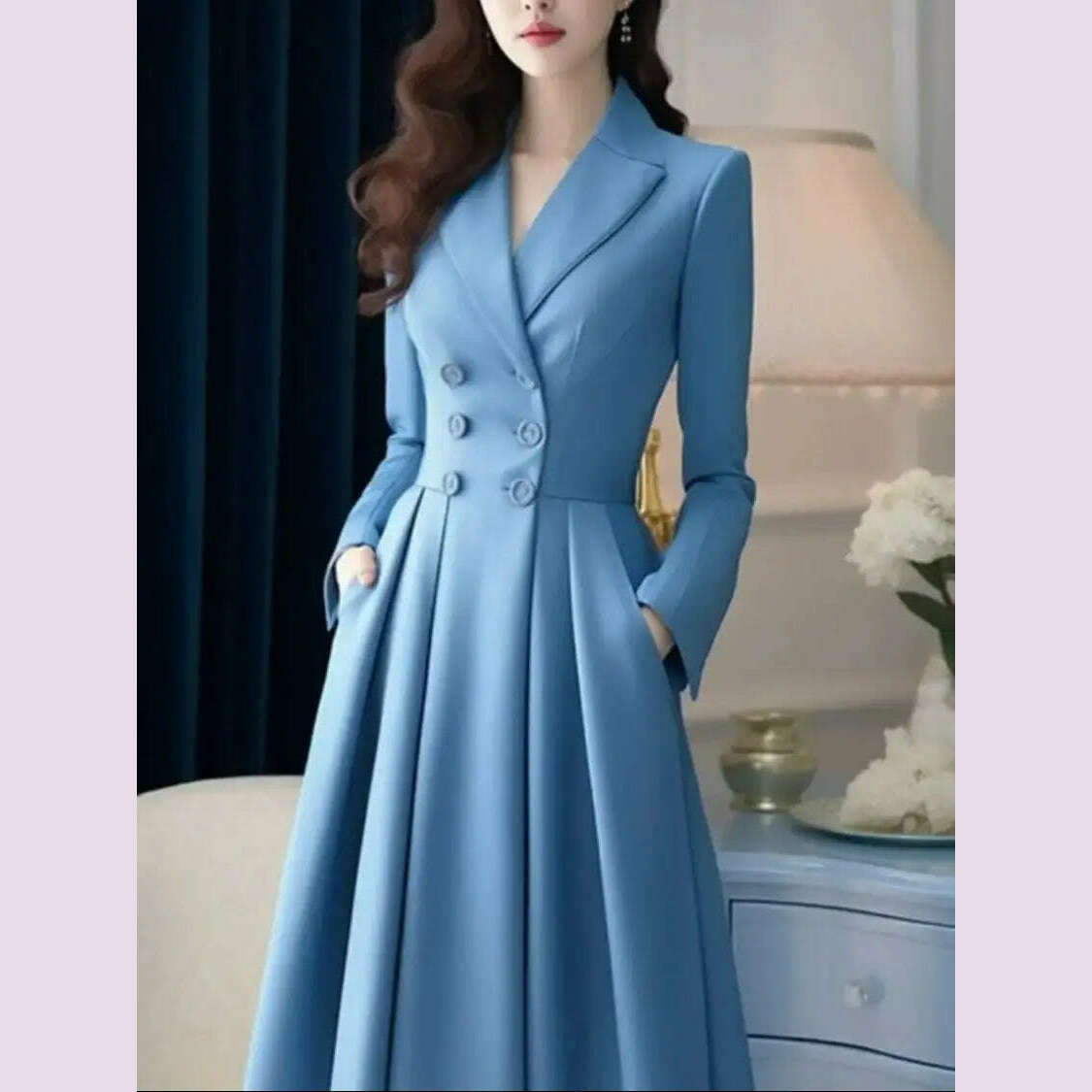 KIMLUD, Korea Suit Dress For Women Autumn Fashion Versatile Casual Solid Button Long Lapel Pleated Dresses 2024 New, KIMLUD Womens Clothes