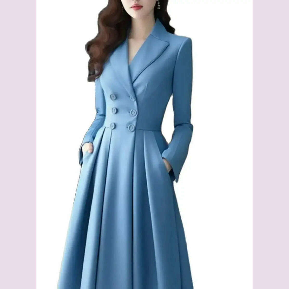 KIMLUD, Korea Suit Dress For Women Autumn Fashion Versatile Casual Solid Button Long Lapel Pleated Dresses 2024 New, KIMLUD Womens Clothes