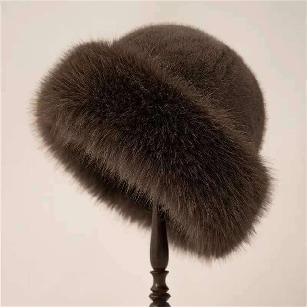 Korean Fashion Hat Women's Winter New Thick Warm Imitation Fur Simple Fisherman's Hat Imitation Mink Fur Ladies Mongolia Cap - KIMLUD