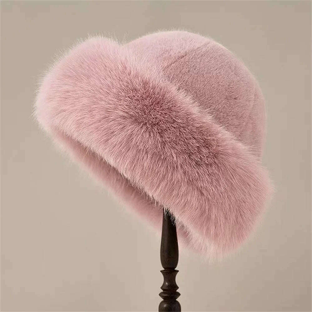 Korean Fashion Hat Women's Winter New Thick Warm Imitation Fur Simple Fisherman's Hat Imitation Mink Fur Ladies Mongolia Cap - KIMLUD