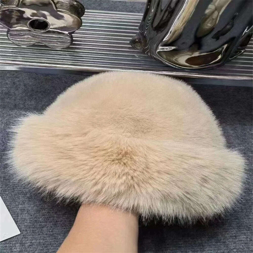 Korean Fashion Hat Women's Winter New Thick Warm Imitation Fur Simple Fisherman's Hat Imitation Mink Fur Ladies Mongolia Cap - KIMLUD