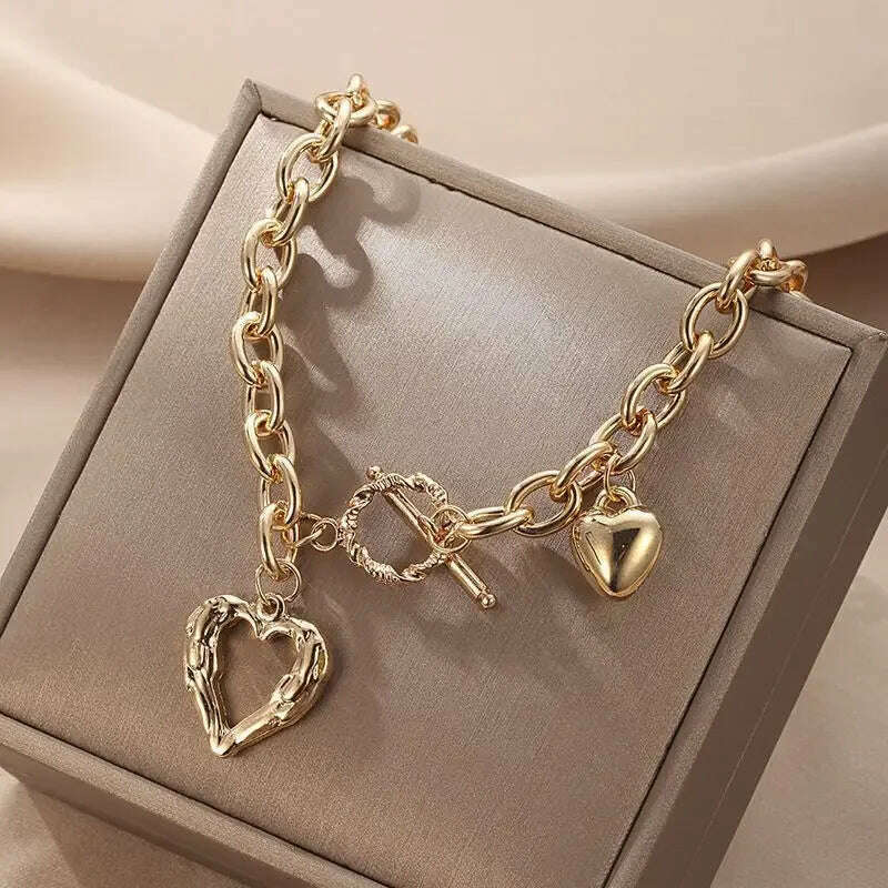 KIMLUD, Korean Fashion Love Heart OT Buckle Pendant Necklace for Women Temperament Clavicle Chain Wedding Party Jewelry Gifts Wholesale, KIMLUD Womens Clothes