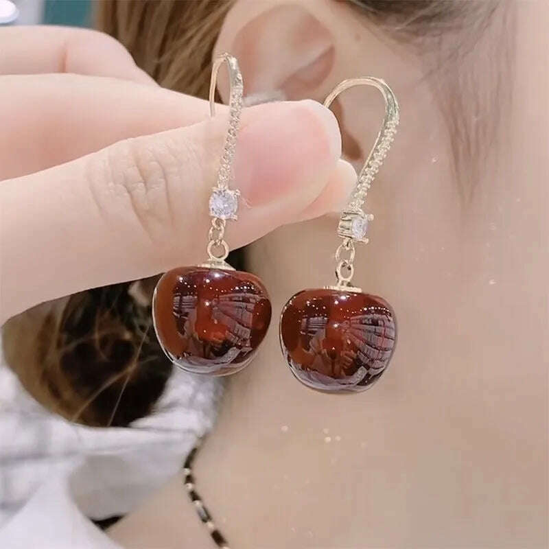 KIMLUD, Korean Fashion Transparent Cherry Earrings for Women Red Cherry Earrings Design Personalized Earring Girl Birthday Party Jewelry, KIMLUD Womens Clothes