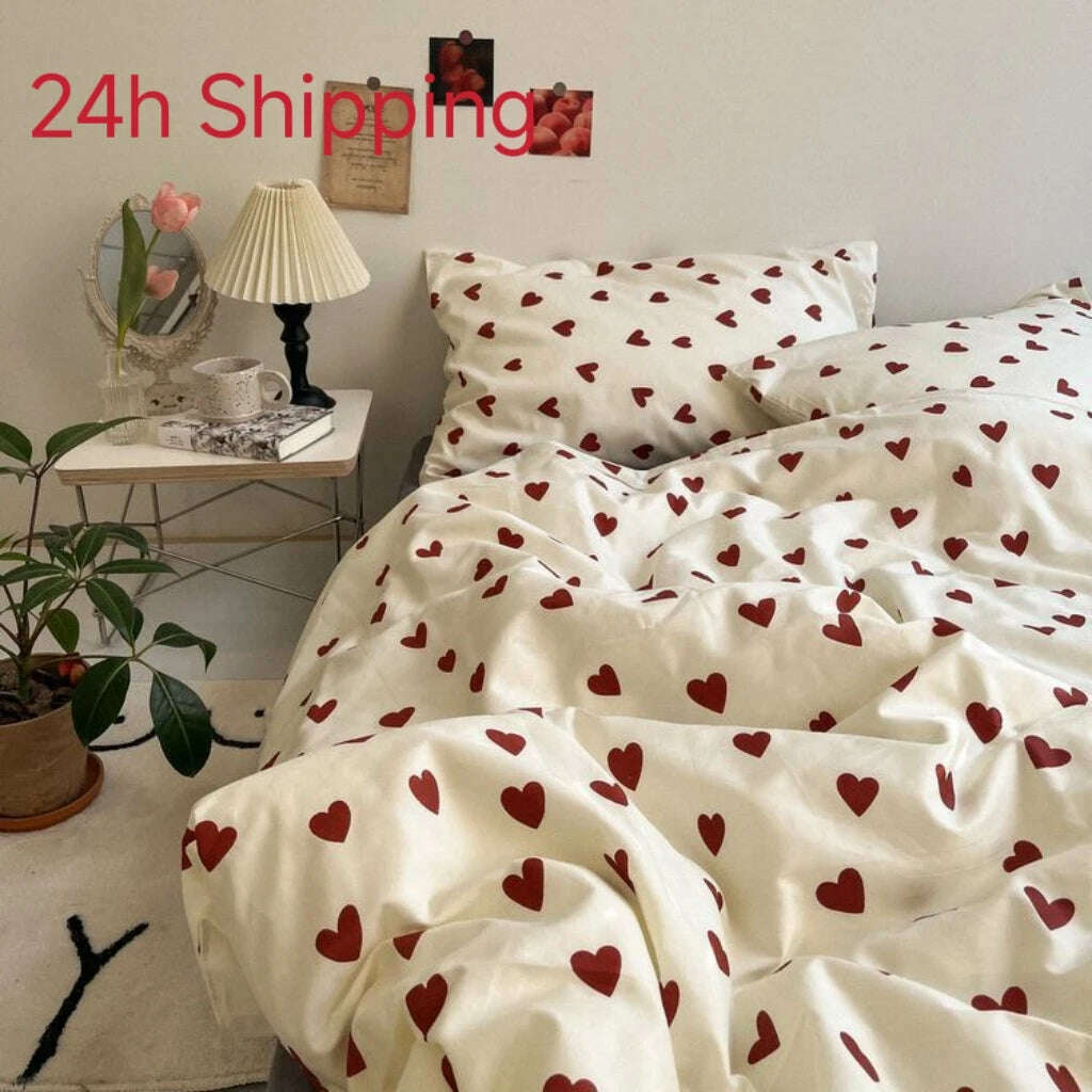 KIMLUD, Korean Style Bedding Set Kid Adult Twin Full Queen Size Bed Flat Sheet Love Heart Duvet Cover Set Pillowcase Bed Linen No Filler, KIMLUD Womens Clothes