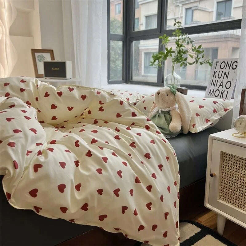 KIMLUD, Korean Style Bedding Set Kid Adult Twin Full Queen Size Bed Flat Sheet Love Heart Duvet Cover Set Pillowcase Bed Linen No Filler, KIMLUD Womens Clothes