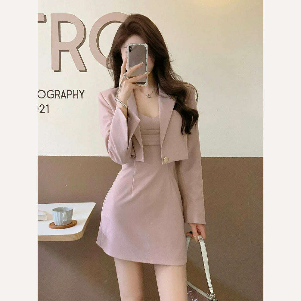 KIMLUD, Korean Style Two Piece Dress Set Women Elegant Blazer Coat + Strap Dress Set Female Casual France Vintage Dress Suit 2023 New, KIMLUD Womens Clothes