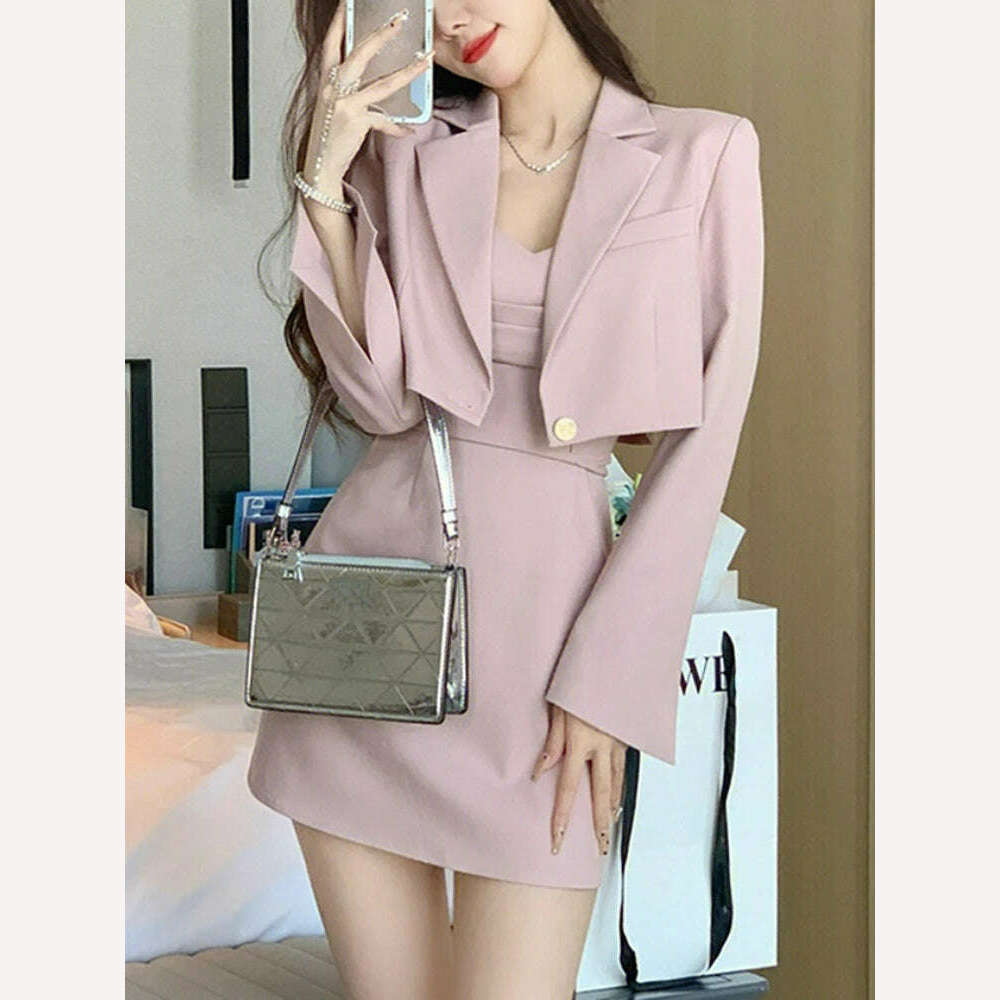 KIMLUD, Korean Style Two Piece Dress Set Women Elegant Blazer Coat + Strap Dress Set Female Casual France Vintage Dress Suit 2023 New, KIMLUD Womens Clothes