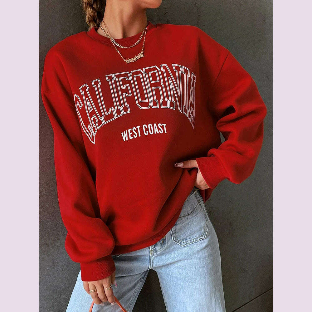 KIMLUD, Korean Trend Woman Sweatshirts California West Coast Print Female hoodie Long Sleeves O-neck Pullovers Sporty and Rich Clothing, Red / XXL, KIMLUD APPAREL - Womens Clothes