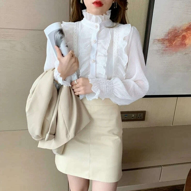 KIMLUD, Korean Women Elegant Chiffon Shirt and Blouses Chic Long Sleeve Lace Ruffles Stand Collar Casual Loose White Tops Woman 13433, KIMLUD Womens Clothes