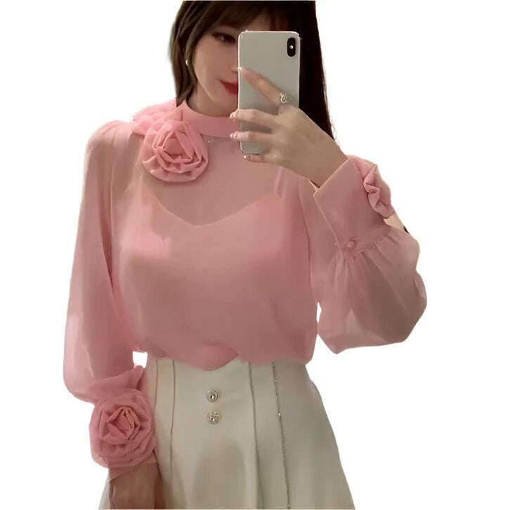 KUSAHIKI Fashion 3D Flower Tops Women Chic Korean Elegant Bottoming Shirts for Women 2023 Autumn Long Sleeve Blusas Feminina - KIMLUD