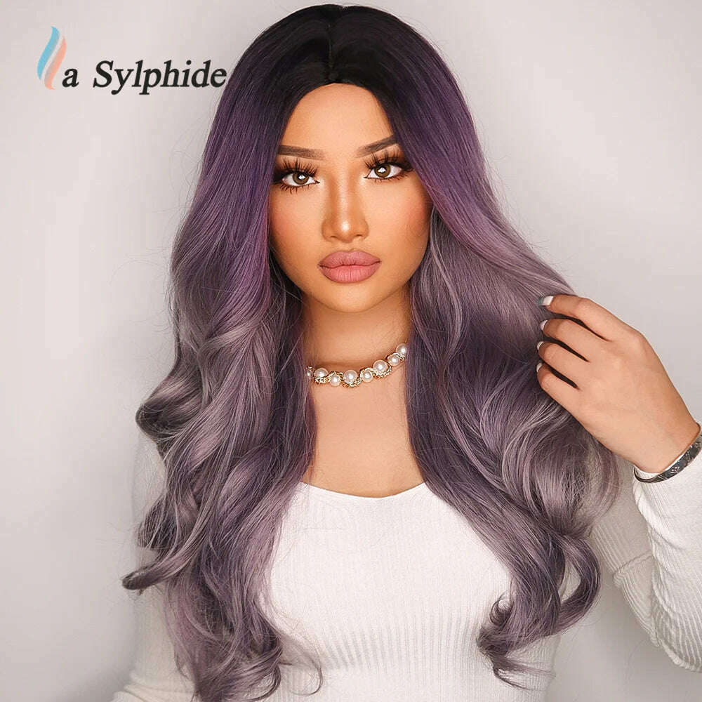 KIMLUD, La Sylphide Long Wavy Ombre Purple Synthetic Wigs for Women Heat Resistant Natural Middle Part Cosplay Party Lolita Hair Wigs, KIMLUD Womens Clothes