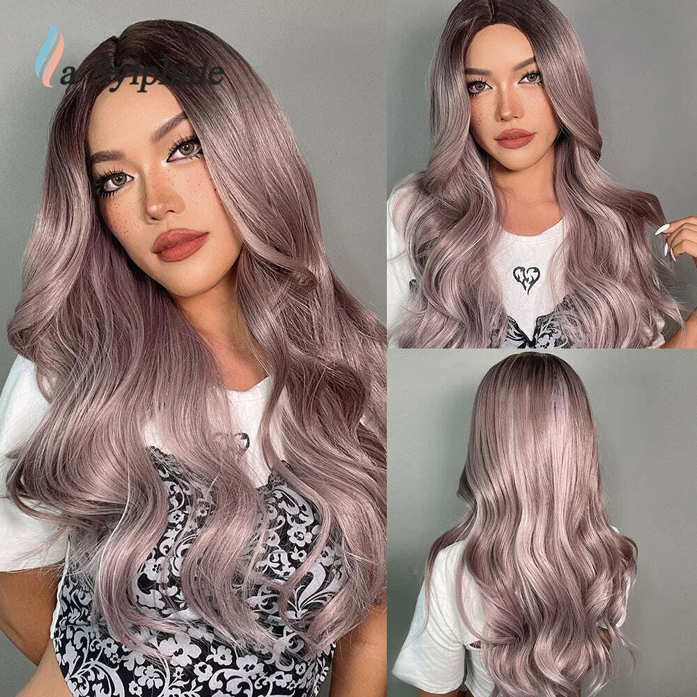 KIMLUD, La Sylphide Long Wavy Ombre Purple Synthetic Wigs for Women Heat Resistant Natural Middle Part Cosplay Party Lolita Hair Wigs, 5224, KIMLUD APPAREL - Womens Clothes