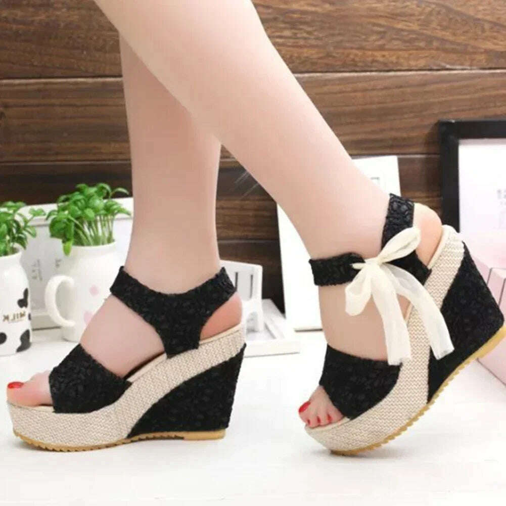 KIMLUD, Lace Leisure Women Wedges Heeled Women Shoes 2024 Summer Sandals Party Platform High Heels Shoes Woman, black / 35, KIMLUD APPAREL - Womens Clothes