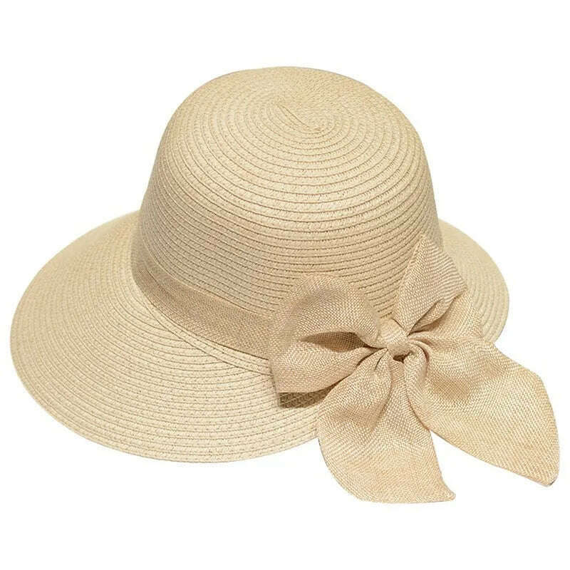 Lady New Bowknot Straw Hat Adult Summer Sunscreen Leisure Cap Wide Brim Students Fresh Raffia Shading Sun Cap Foldable - KIMLUD