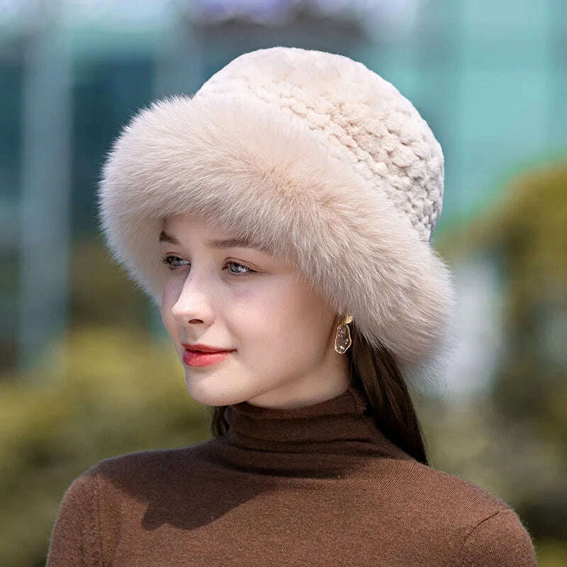 Lady Winter Real Fur Hat Women Warm Knitted Genuine Formal Rabbit Fur Hat Top Natural Fox Fur Bomber Caps Rex Rabbit Fur Cap - KIMLUD