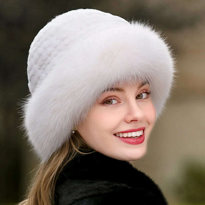 Lady Winter Real Fur Hat Women Warm Knitted Genuine Formal Rabbit Fur Hat Top Natural Fox Fur Bomber Caps Rex Rabbit Fur Cap - KIMLUD