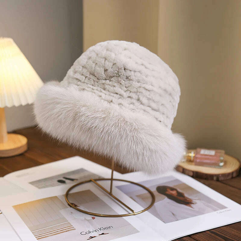 Lady Winter Real Fur Hat Women Warm Knitted Genuine Formal Rabbit Fur Hat Top Natural Fox Fur Bomber Caps Rex Rabbit Fur Cap - KIMLUD