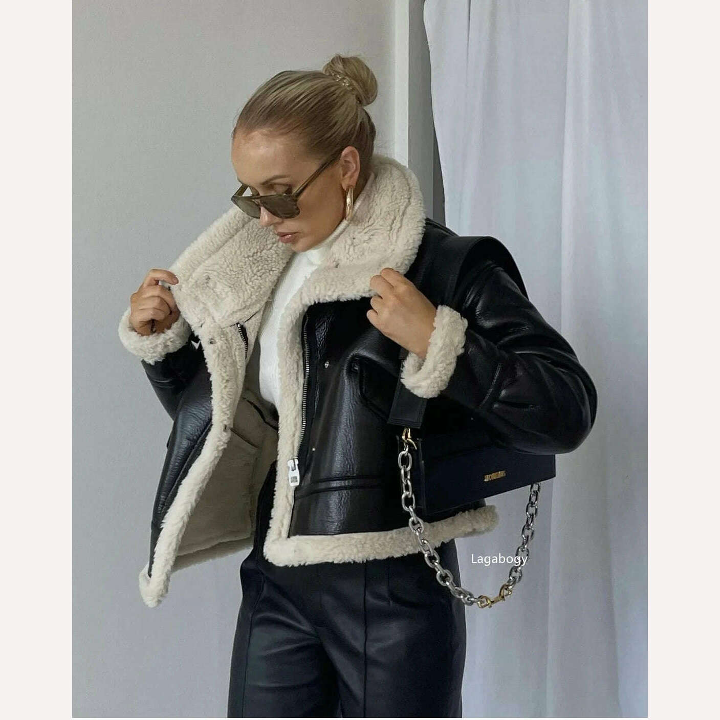 KIMLUD, Lagabogy 2023 Winter Jacket Women Faux Shearling Sheepskin Coat Retro Motorcycle Parka Fleece Female Short Loose Snow Outerwear, KIMLUD Womens Clothes