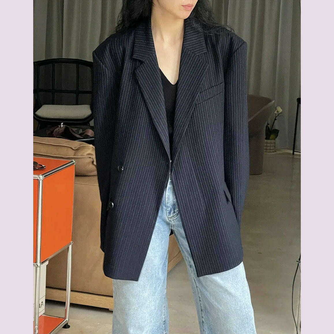 [LANMREM] Fashion Striped Loose Blazers For Women Asymmetric Single Breasted Design Fashion Jackets 2024 Spring New 26D2884 - KIMLUD