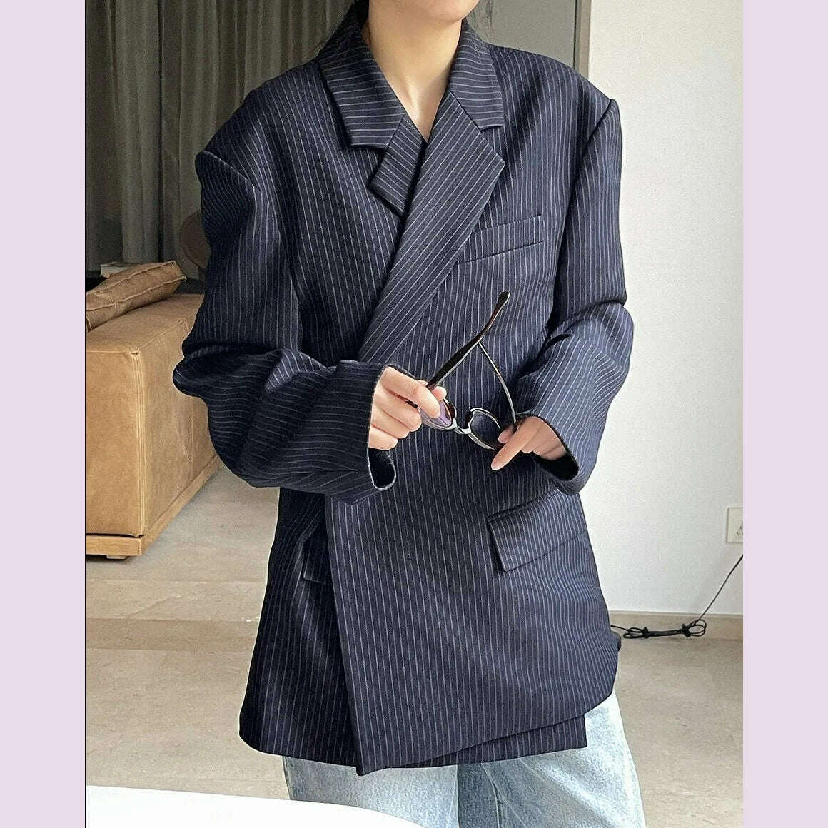 KIMLUD, [LANMREM] Fashion Striped Loose Blazers For Women Asymmetric Single Breasted Design Fashion Jackets 2024 Spring New 26D2884, KIMLUD Womens Clothes