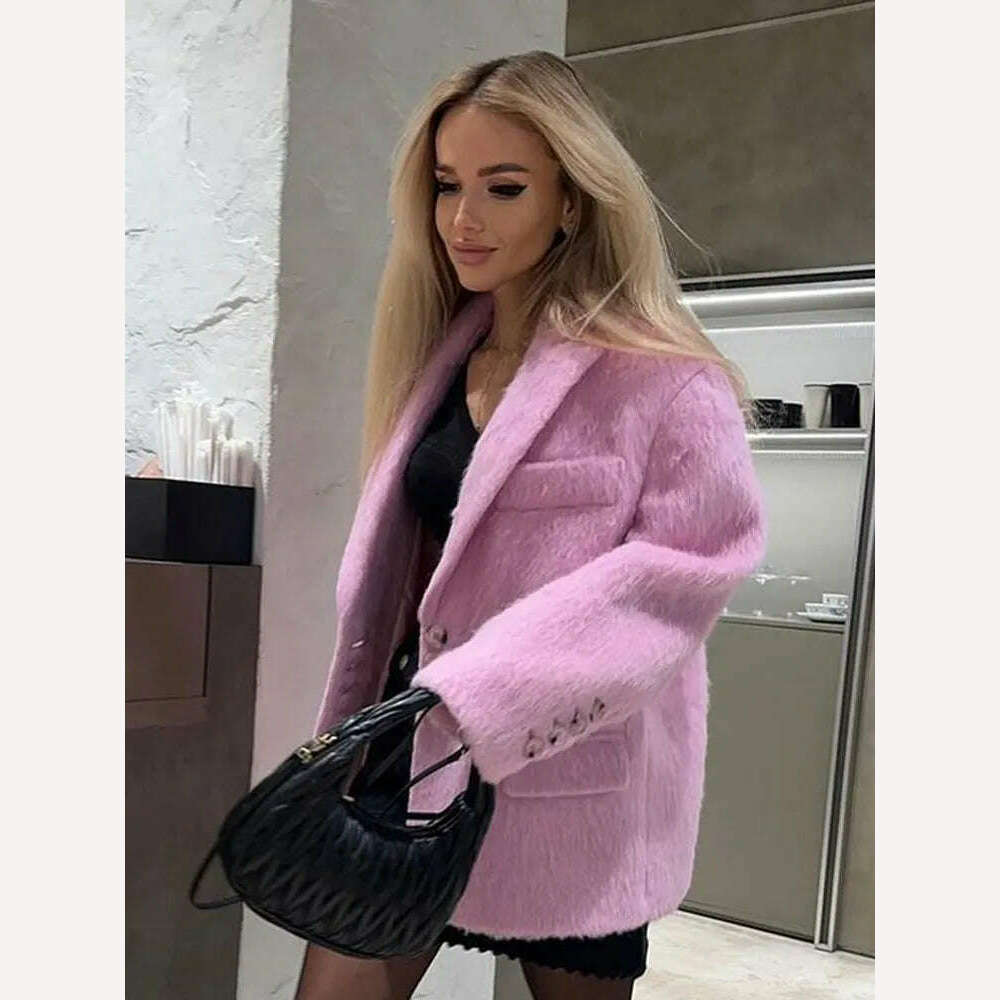 KIMLUD, Lapel Woolen Plush Pink Coats For Women Loose Long Sleeve Single Breasted Oversized Jacket Autumn Winter Female Short Coat, KIMLUD Womens Clothes