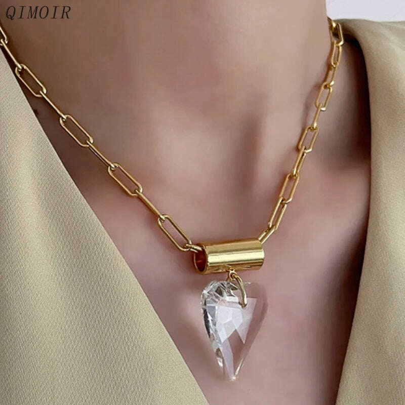 Large Glass Heart Necklace For Women Metal Link Chain Pendant Fancy Fashion Jewelry Trendy New Designs Girls' Gifts Party C1325 - KIMLUD