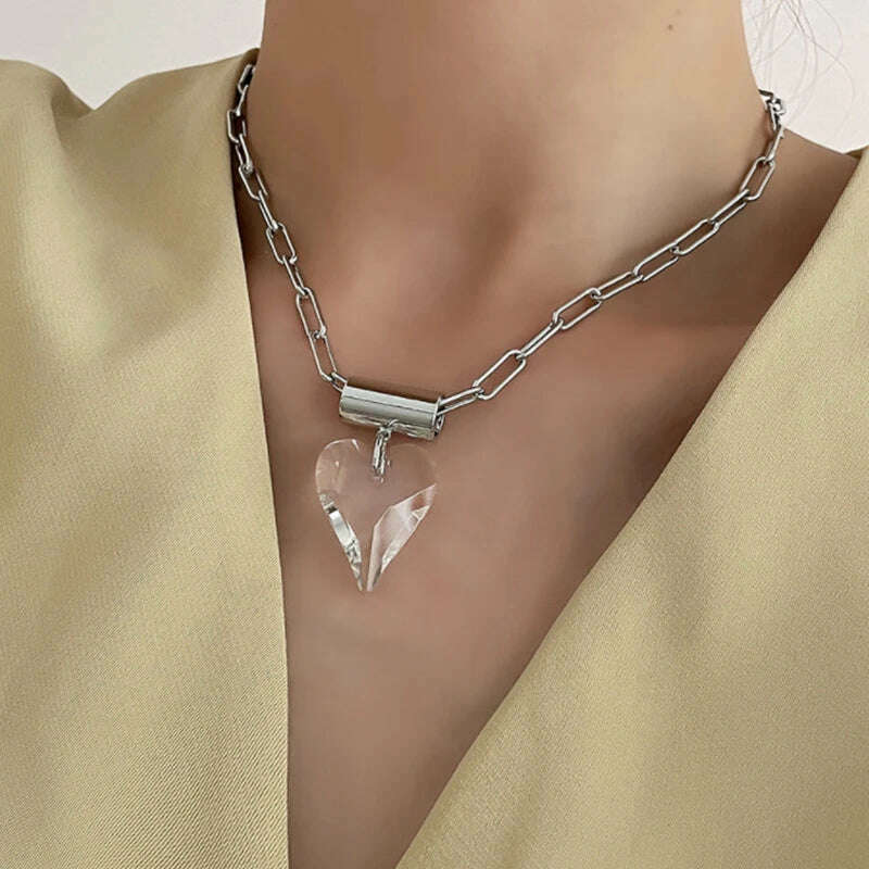 KIMLUD, Large Glass Heart Necklace For Women Metal Link Chain Pendant Fancy Fashion Jewelry Trendy New Designs Girls' Gifts Party C1325, KIMLUD Womens Clothes