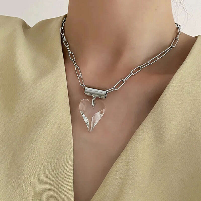 KIMLUD, Large Glass Heart Necklace For Women Metal Link Chain Pendant Fancy Fashion Jewelry Trendy New Designs Girls' Gifts Party C1325, KIMLUD Womens Clothes