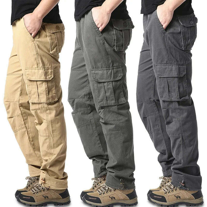 Large Pocket Loose Overalls Men's Outdoor Sports Jogging Tactical Pants Elastic Waist Pure Cotton Casual Work Pants - KIMLUD