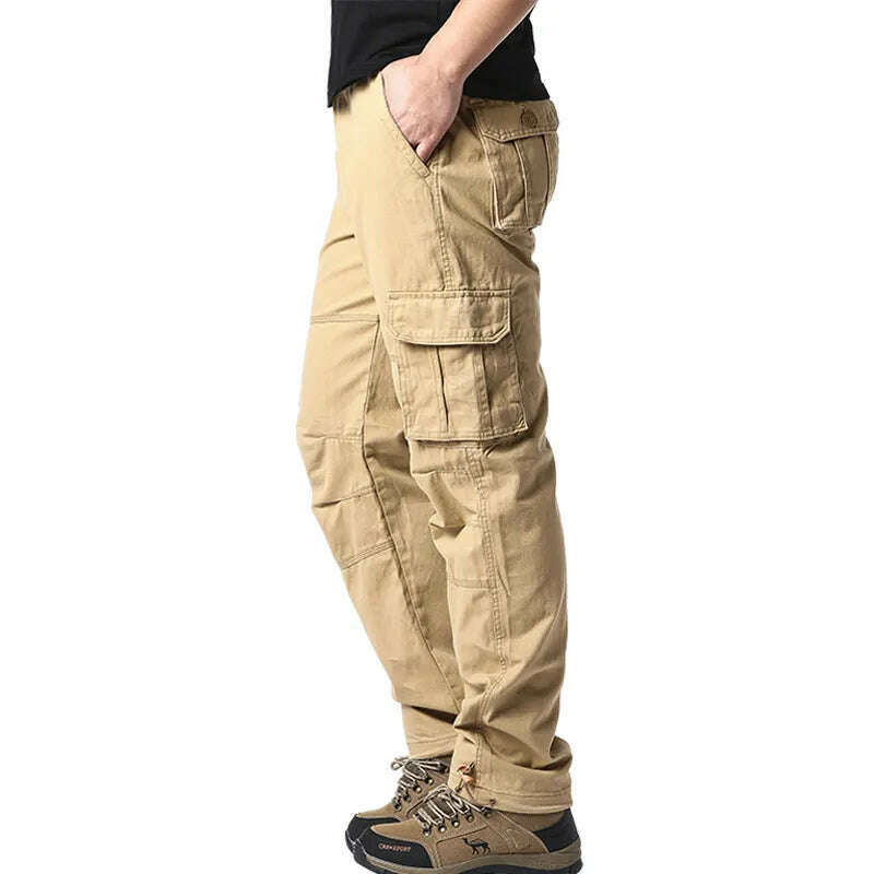 KIMLUD, Large Pocket Loose Overalls Men's Outdoor Sports Jogging Tactical Pants Elastic Waist Pure Cotton Casual Work Pants, MST  khaki / M 50-60kg, KIMLUD APPAREL - Womens Clothes