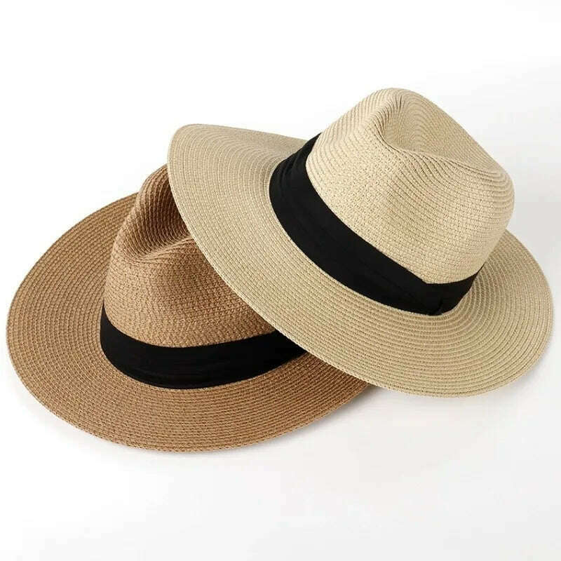 KIMLUD, Large Size XL61-64cm Panama Hats Men Women Beach Wide Brim Straw Hat Lady Summer Sun Hats Plus Size Fedora Hat 55-57cm 58-60cm, KIMLUD Womens Clothes