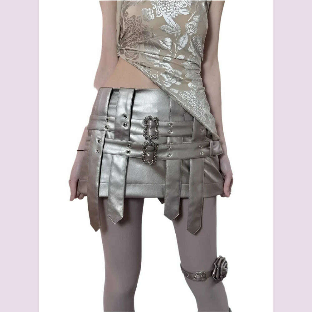 KIMLUD, Lautaro Spring Autumn Cool Silver Pu Leather Mini Skirt Women Belt Low Waist Retro Sexy Luxury Designer Emo Gyaru Clothes 2023, KIMLUD Womens Clothes