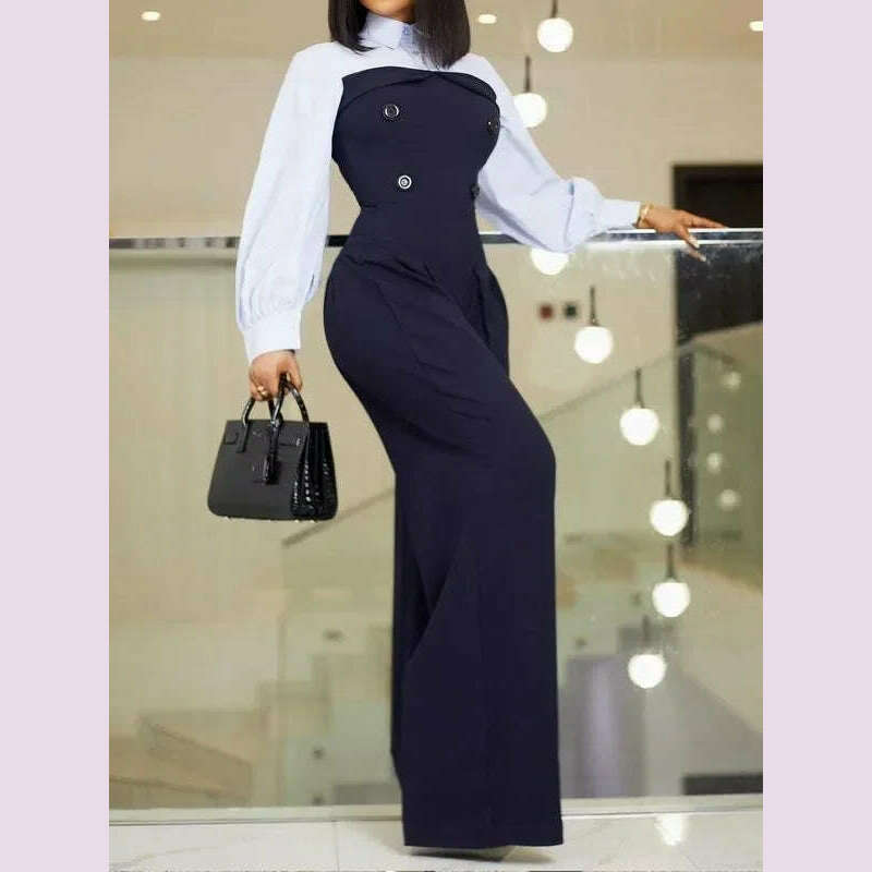 KIMLUD, Lemongor Office Lady Fashion Patchwork Wide Leg Lapel Jumpsuits 2024 New Autumn Long Sleeves Buttoned Urban Casual Jump Suits, DEEP BLUE / S, KIMLUD APPAREL - Womens Clothes