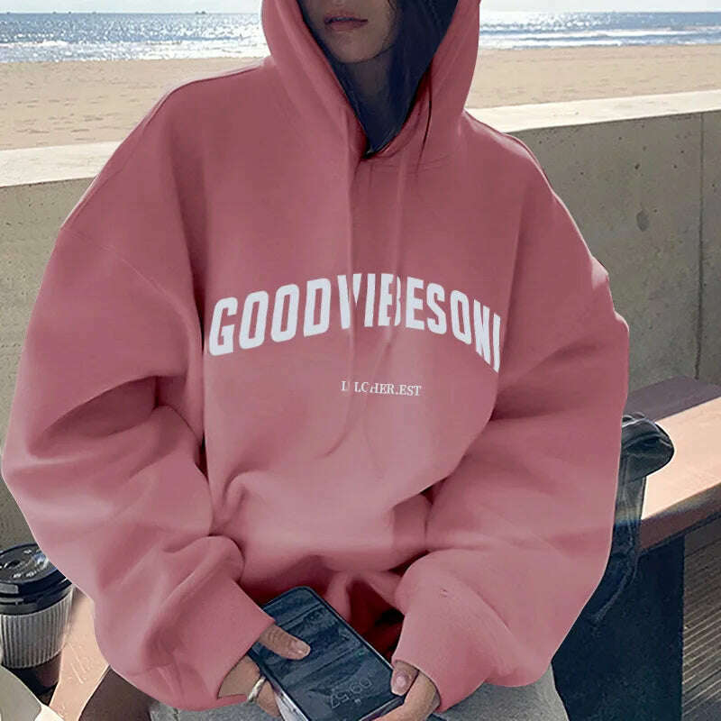 KIMLUD, Letter Print Women Hoodies Autumn Winter Fleece Casual Loose Hooded Sweatshirt Womens Oversize Pullover Vintage Warm Hoody Tops, Dark Pink / M, KIMLUD APPAREL - Womens Clothes