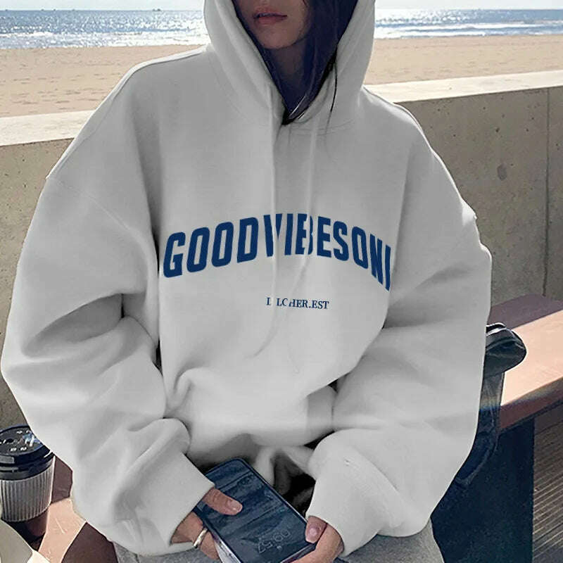 KIMLUD, Letter Print Women Hoodies Autumn Winter Fleece Casual Loose Hooded Sweatshirt Womens Oversize Pullover Vintage Warm Hoody Tops, White / L, KIMLUD APPAREL - Womens Clothes