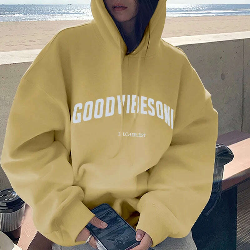 KIMLUD, Letter Print Women Hoodies Autumn Winter Fleece Casual Loose Hooded Sweatshirt Womens Oversize Pullover Vintage Warm Hoody Tops, Light Yellow / M, KIMLUD APPAREL - Womens Clothes