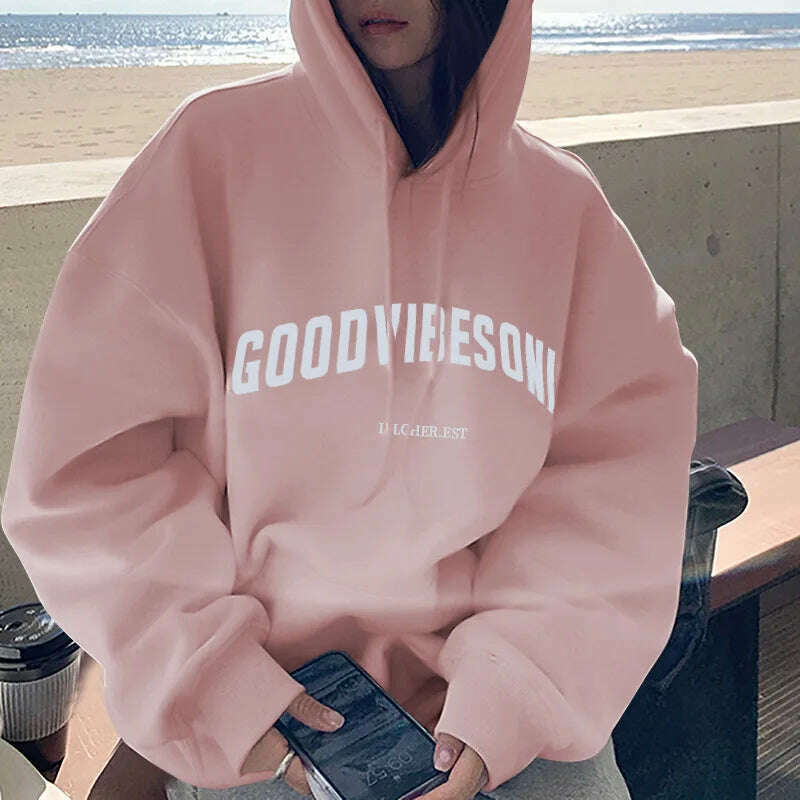 KIMLUD, Letter Print Women Hoodies Autumn Winter Fleece Casual Loose Hooded Sweatshirt Womens Oversize Pullover Vintage Warm Hoody Tops, Light Pink / M, KIMLUD APPAREL - Womens Clothes