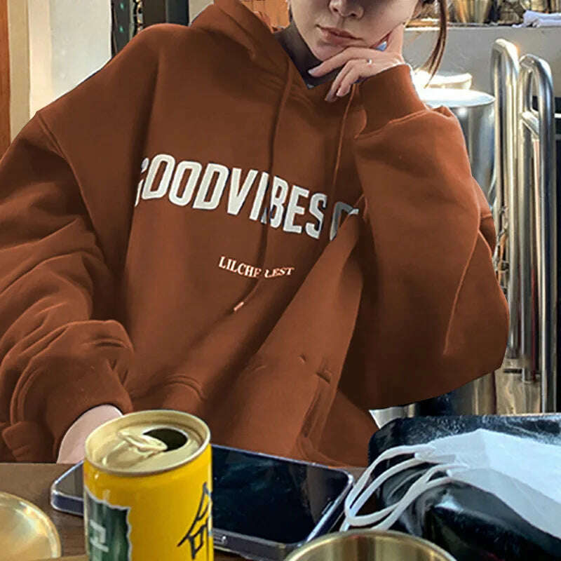 KIMLUD, Letter Print Women Hoodies Autumn Winter Fleece Casual Loose Hooded Sweatshirt Womens Oversize Pullover Vintage Warm Hoody Tops, Dark Orange / M, KIMLUD APPAREL - Womens Clothes