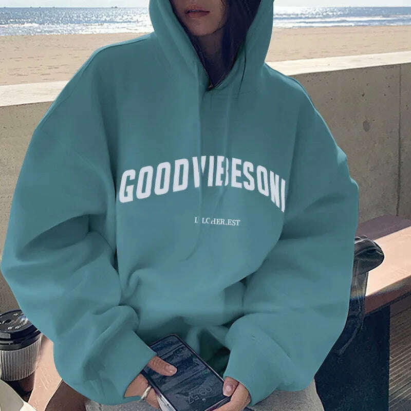 KIMLUD, Letter Print Women Hoodies Autumn Winter Fleece Casual Loose Hooded Sweatshirt Womens Oversize Pullover Vintage Warm Hoody Tops, Blue Green / M, KIMLUD APPAREL - Womens Clothes