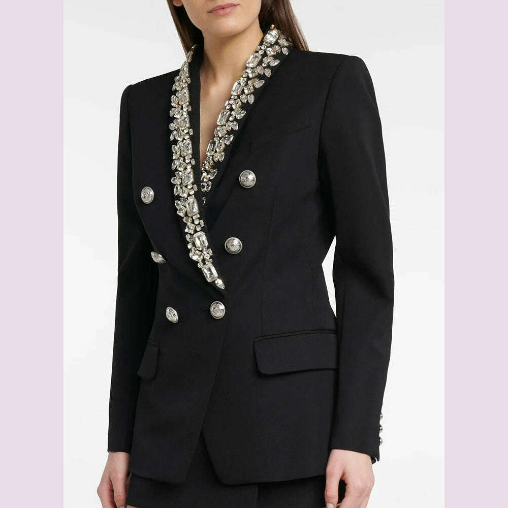 LGRQ Solid Spliced Diamonds Casual Elegant Blazers Women V Neck Long Sleeve Patchwork Button Blazer Female Fashion Style 19Z2567 - KIMLUD