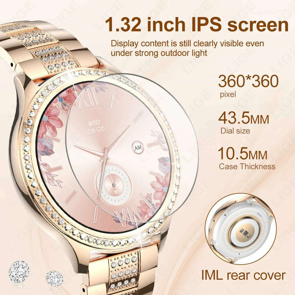 KIMLUD, LIGE 1.32 inch Women Smart Watch Bluetooth Call AI Voice Assistant Women's Watches Custom Watch Face Health Monitor Smartwatches, KIMLUD Womens Clothes