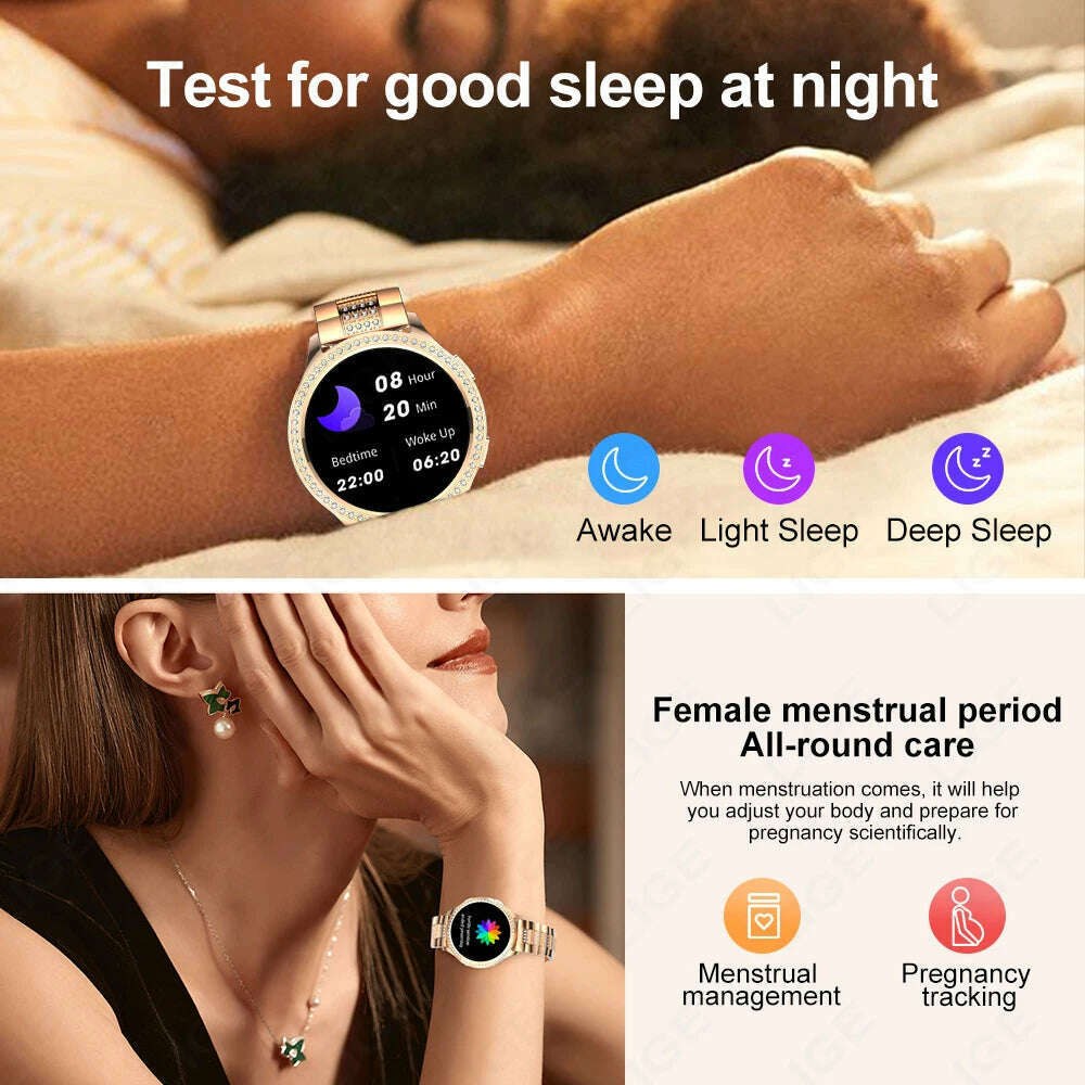 KIMLUD, LIGE 1.32 inch Women Smart Watch Bluetooth Call AI Voice Assistant Women's Watches Custom Watch Face Health Monitor Smartwatches, KIMLUD Womens Clothes