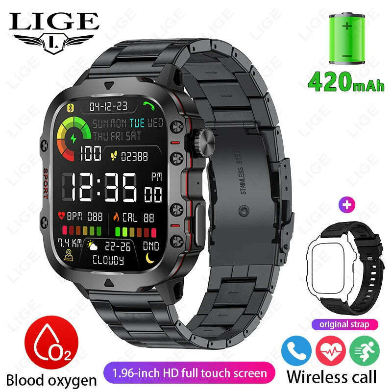 KIMLUD, LIGE 2024 Outdoor Military Mens Smartwatch Bluetooth Call Sport Heart Rate Monitor IP68 Waterproof Smart Watches For Android IOS, Steel strip black, KIMLUD APPAREL - Womens Clothes