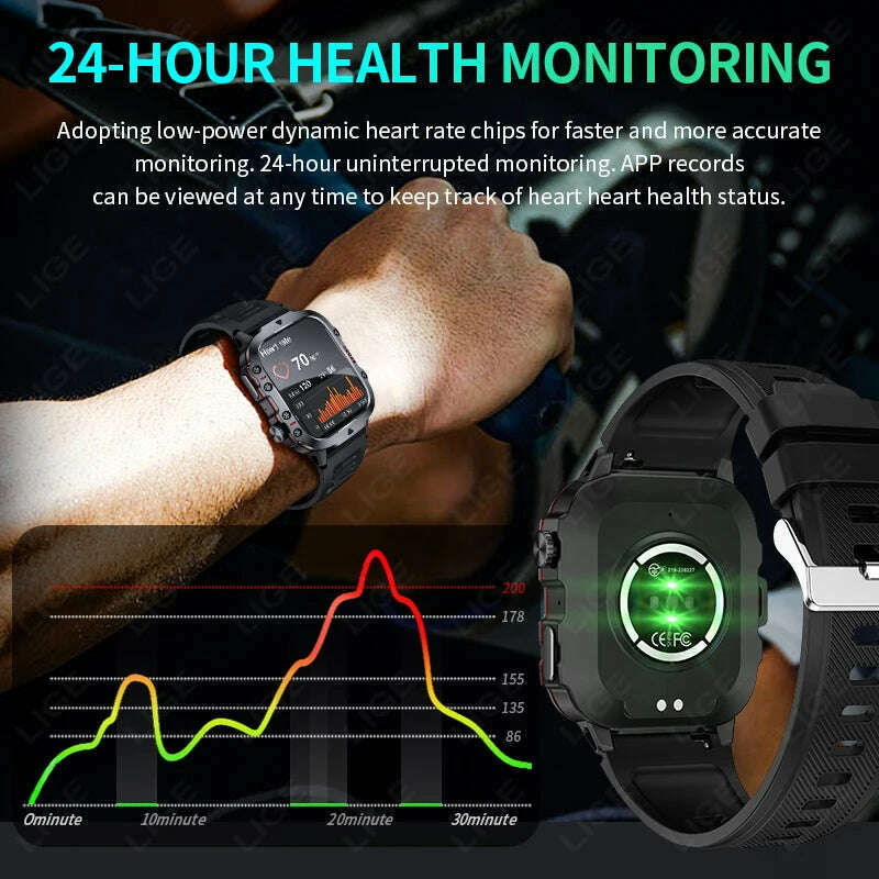 LIGE 2024 Smart Watches Men's Rugged Military Bluetooth Call IP68 Waterproof Sport Heart Rate Outdoor Smartwatch for Android IOS - KIMLUD