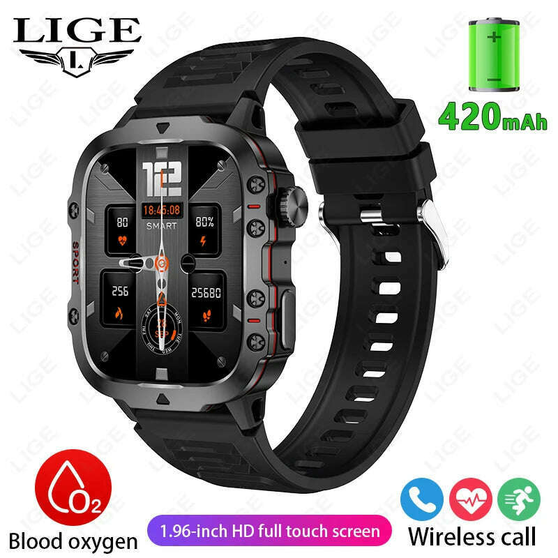 LIGE 2024 Smart Watches Men's Rugged Military Bluetooth Call IP68 Waterproof Sport Heart Rate Outdoor Smartwatch for Android IOS - KIMLUD