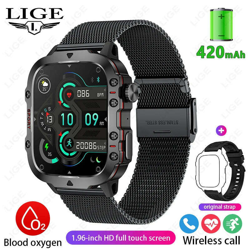 LIGE 2024 Smart Watches Men's Rugged Military Bluetooth Call IP68 Waterproof Sport Heart Rate Outdoor Smartwatch for Android IOS - KIMLUD