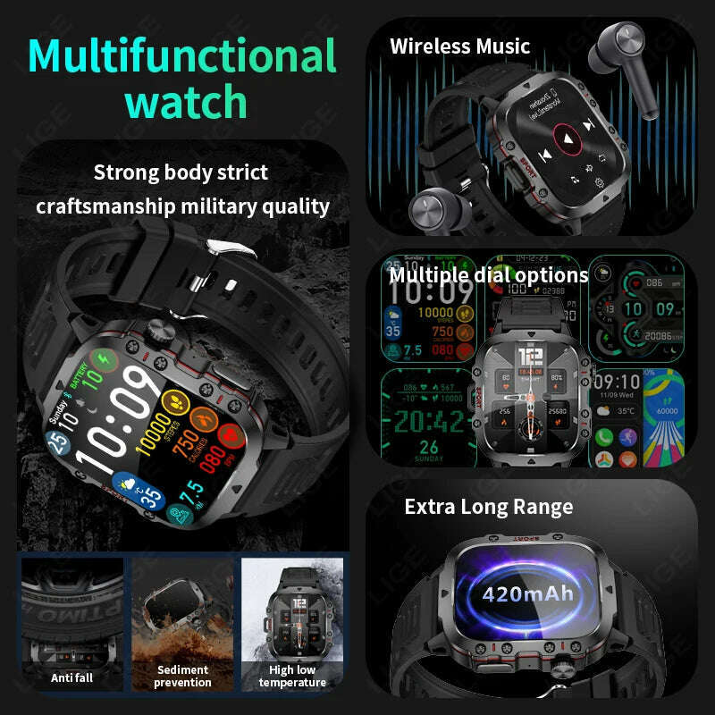 KIMLUD, LIGE 2024 Smart Watches Men's Rugged Military Bluetooth Call Sport Heart Rate IP68 Waterproof Outdoor Smartwatch for Android IOS, KIMLUD Womens Clothes