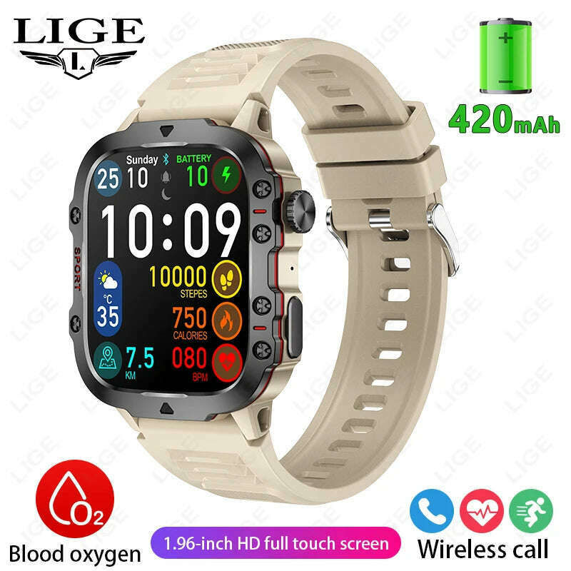 KIMLUD, LIGE 2024 Smart Watches Men's Rugged Military Bluetooth Call Sport Heart Rate IP68 Waterproof Outdoor Smartwatch for Android IOS, Silica gel Beige / Bluetooth Call watch, KIMLUD APPAREL - Womens Clothes